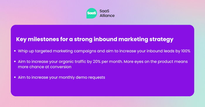 milestones for inbound marketing strategy: Whip up targeted marketing campaigns and aim to increase your inbound leads by 100%  Aim to increase your organic traffic by 20% per month. More eyes on the product means more chance at conversion  Aim to increase your monthly demo requests 